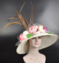 Church Kentucky Derby Hat Wide Brim Sinamay Hat  Carriage Tea Party Wedding  Ivory/Off White with Peony and Orchid Flowers Design