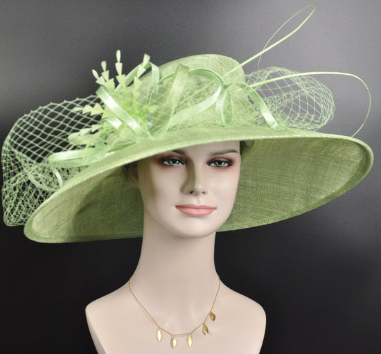 TH21009 Spring Green  Wide Brim Sinamay Hat Church Kentucky Derby Hat Carriage Tea Party Wedding  Royal Ascot Horse Race Oaks day hat