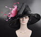 Black + Mix Pink Feather Flower Kentucky Derby Hat, Church hat, Tea Party Hat, Custom hat, Formal Hat, Wide Brim Sinamay w Organza Hat