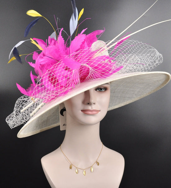 Wide Brim Sinamay Hat Church Kentucky Derby Hat Carriage Party Wedding Hat Royal Ascot Horse Race Oaks day hat Off White/Ivory Fuchsia Pink