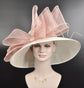 Church Kentucky Derby HatCarriage Tea Party Wedding Wide Brim  Royal A Hat  Sinamay Hat Off White /Ivory w Dusty Pink Bow Quills