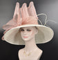 Church Kentucky Derby HatCarriage Tea Party Wedding Wide Brim  Royal A Hat  Sinamay Hat Off White /Ivory w Dusty Pink Bow Quills