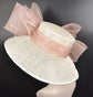 Church Kentucky Derby HatCarriage Tea Party Wedding Wide Brim  Royal A Hat  Sinamay Hat Off White /Ivory w Dusty Pink Bow Quills