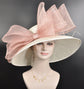 Church Kentucky Derby HatCarriage Tea Party Wedding Wide Brim  Royal A Hat  Sinamay Hat Off White /Ivory w Dusty Pink Bow Quills