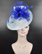 Powder Blue w IRoyal Blue White  Sinamay Disc Fascinator Hat with  Jumbo Goose Feather Flower and Silk Flower