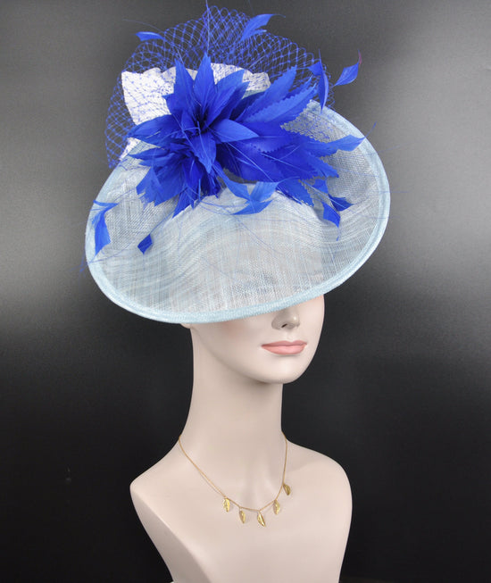 Powder Blue w IRoyal Blue White  Sinamay Disc Fascinator Hat with  Jumbo Goose Feather Flower and Silk Flower