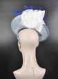 Powder Blue w IRoyal Blue White  Sinamay Disc Fascinator Hat with  Jumbo Goose Feather Flower and Silk Flower