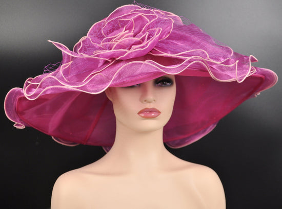 New Kentucky Derby, Church, Wedding, Tea Party with Big Bow & Flower 7" Wide Brim Organza Hat (Violet )