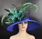 Royal Blue w Turquoise Feather Flowers  Peacock Feathers  Kentucky Derby Hat Tea Party Carriage Party  Royal AscotWide Brim  Sinamay Hat