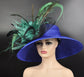 Royal Blue w Turquoise Feather Flowers  Peacock Feathers  Kentucky Derby Hat Tea Party Carriage Party  Royal AscotWide Brim  Sinamay Hat