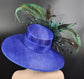 Royal Blue w Turquoise Feather Flowers  Peacock Feathers  Kentucky Derby Hat Tea Party Carriage Party  Royal AscotWide Brim  Sinamay Hat