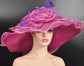 New Kentucky Derby, Church, Wedding, Tea Party with Big Bow & Flower 7" Wide Brim Organza Hat (Violet  w purple)