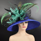 Royal Blue w Turquoise Feather Flowers  Peacock Feathers  Kentucky Derby Hat Tea Party Carriage Party  Royal AscotWide Brim  Sinamay Hat