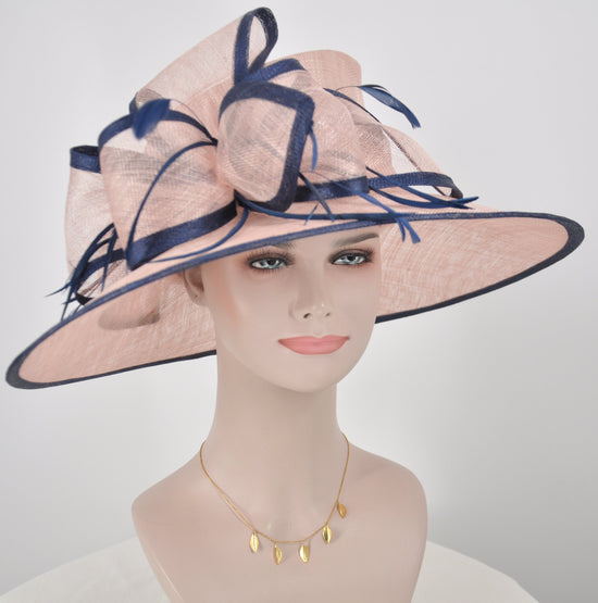 Church Kentucky Derby Hat Carriage Tea Party Wedding Wide Brim  Royal Ascot Hat in Solid Sinamay Hat Dusty Pink w Navy Blue