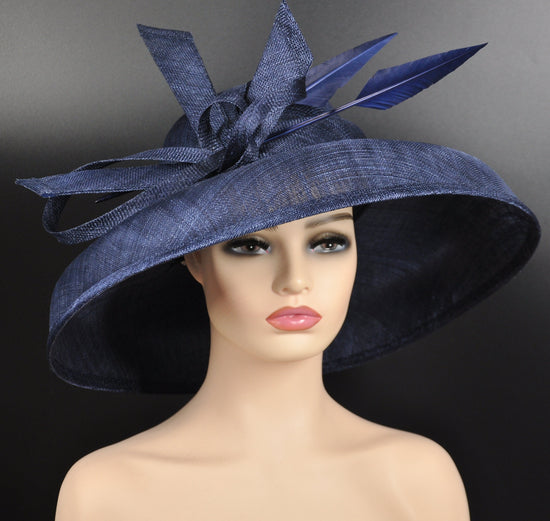 Audrey Hepburn Style Dome Hat Kentucky Derby Hat Tea Party Carriage Party 3 Layers Wide Brim Sinamay Hat Navy Blue